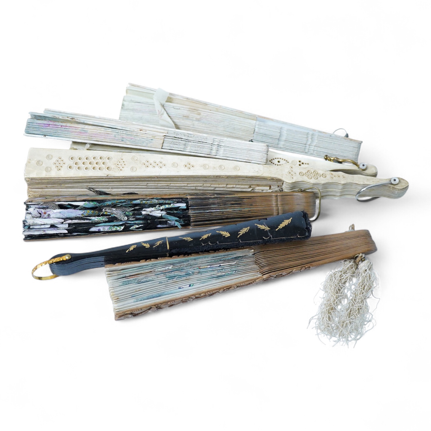 A collection of 19th century and later fans to include a black lacquered and lace example and a hand painted floral example